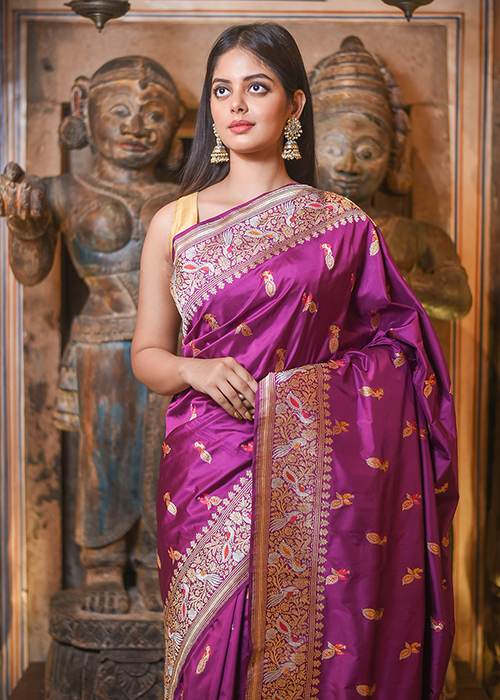 Magenta Katan Silk Saree — Kadwa Bird Booti