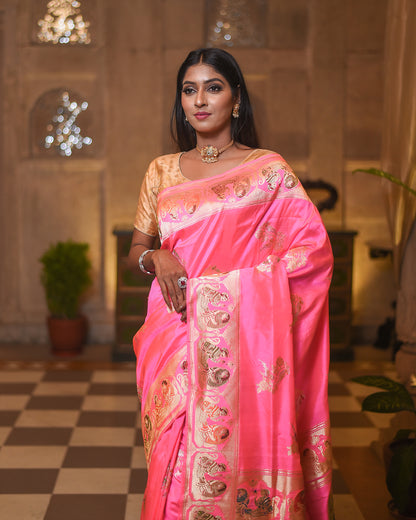 Pink Handwoven Kadwa Katan Pure Silk Saree - Panaya 