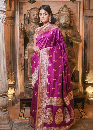 Magenta Katan Silk Saree — Kadwa Bird Booti