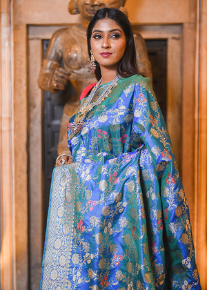 Peacock Color Katan Silk Saree — Kadwa Plain
