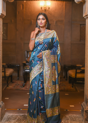 Peacock Color Katan Mulberry Silk Saree - Kadwa Bird Booti