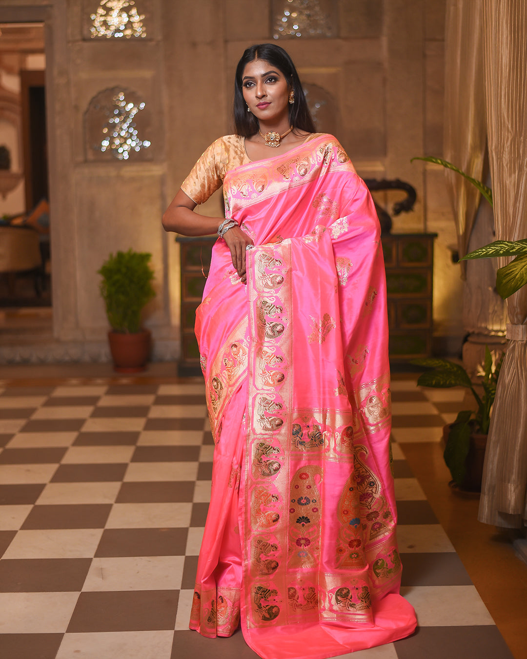 Pink Handwoven Kadwa Katan Pure Silk Saree - Panaya 