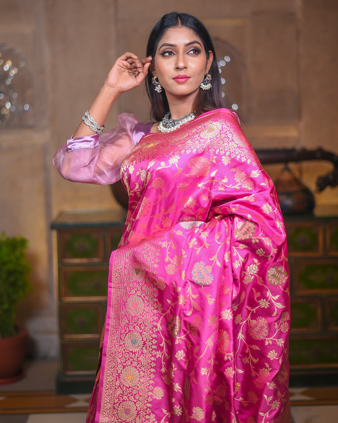 Pink Katan Pure Silk Handwoven Saree - Panaya 