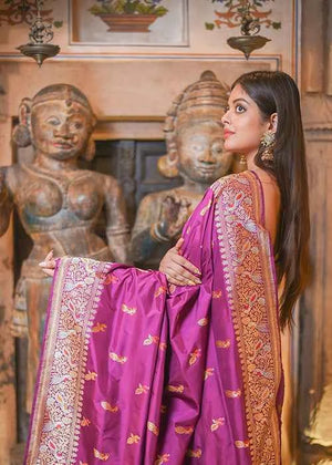 Magenta Katan Silk Saree — Kadwa Bird Booti