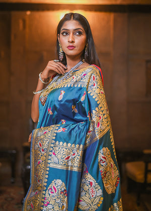 Peacock Color Katan Silk Saree