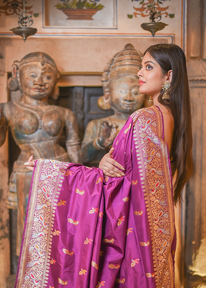 Magenta Katan Silk Saree — Kadwa Bird Booti
