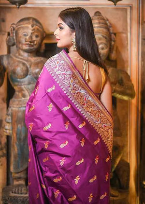 Magenta Katan Silk Saree — Kadwa Bird Booti