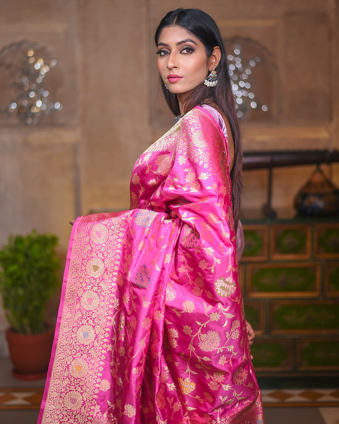 Pink Katan Pure Silk Handwoven Saree - Panaya 