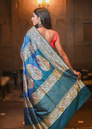 Peacock Color Katan Mulberry Silk Saree - Kadwa Bird Booti