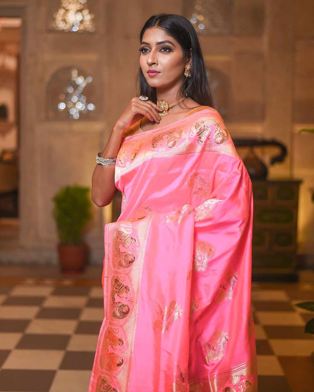 Pink Handwoven Kadwa Katan Pure Silk Saree - Panaya 