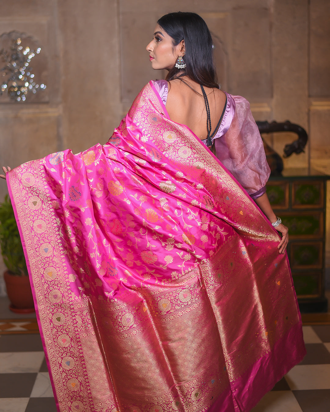 Pink Katan Pure Silk Handwoven Saree - Panaya 