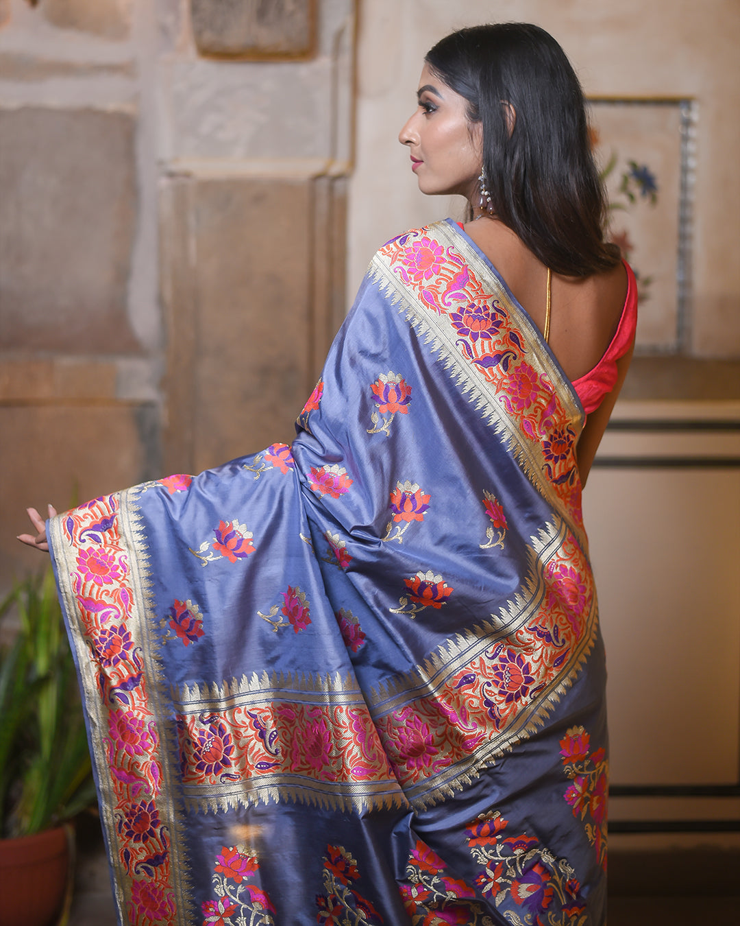 Steel Grey Handwoven Kadwa Katan Silk Saree