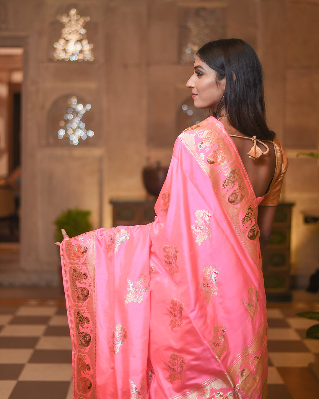 Pink Handwoven Kadwa Katan Pure Silk Saree - Panaya 