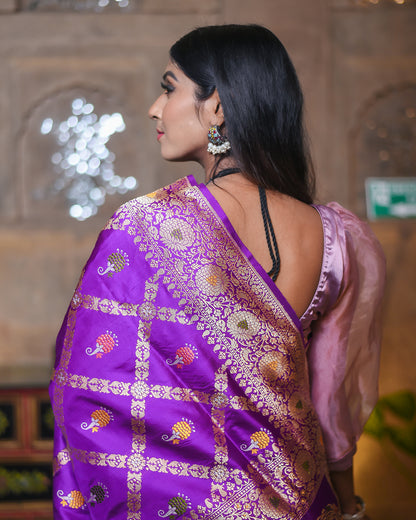 Purple Handwoven Kadwa Katan Pure Silk Saree - Panaya 