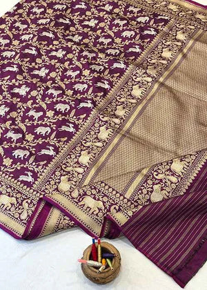 Wine Katan Silk Saree Kadwa Booti Saree