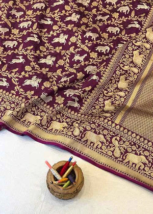 Wine Katan Silk Saree Kadwa Booti Saree