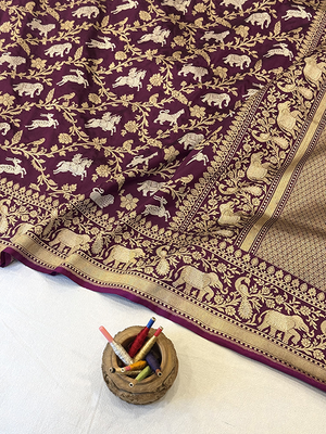 Wine Katan Silk Saree - Kadwa Shikargh