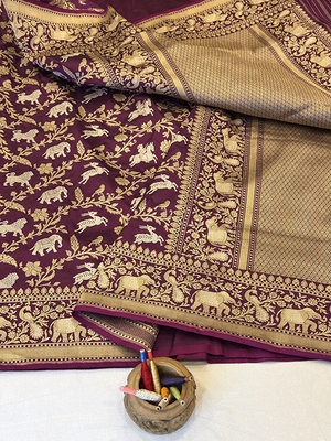 Wine Katan Silk Saree - Kadwa Shikargh