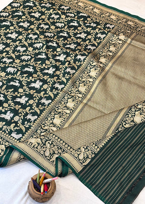 Green Katan Silk Saree — Kadwa Booti