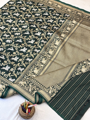 Green Katan Silk Saree — Kadwa Booti