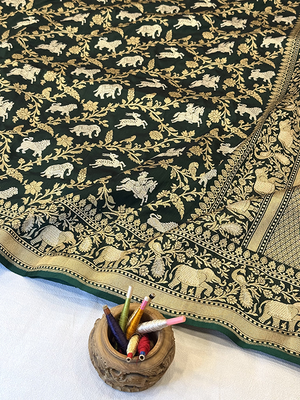 Green Katan Silk Saree — Kadwa Booti