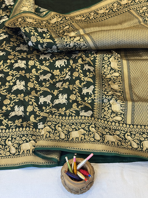 Green Katan Silk Saree — Kadwa Booti