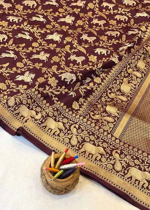 Maroon Katan Silk Saree - Kadwa Shikargh