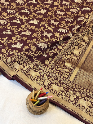 Maroon Katan Silk Saree - Kadwa Shikargh