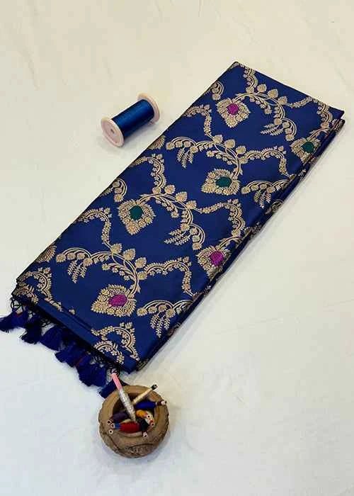 Blue Katan Silk Saree — Kadwa Jaal Meena