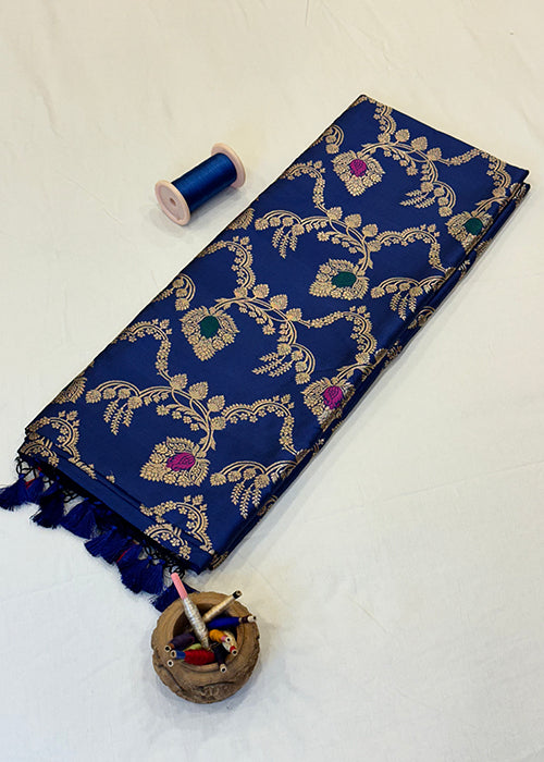 Blue Katan Silk Saree — Kadwa Booti