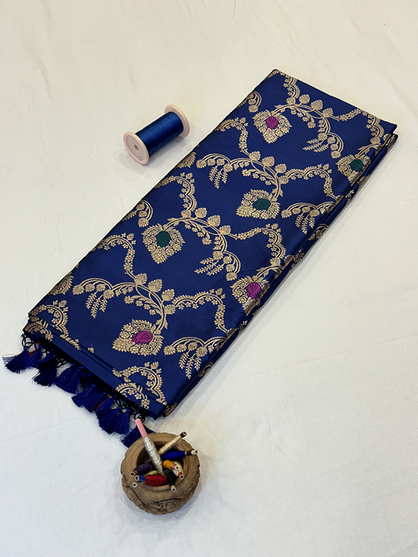 Blue Katan Silk Saree — Kadwa Jaal Meena