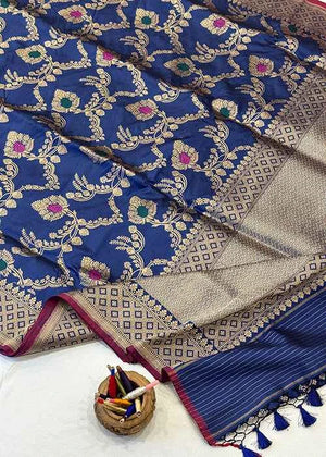Blue Katan Silk Saree — Kadwa Jaal Meena