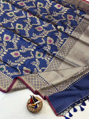 Blue Katan Silk Saree — Kadwa Jaal Meena