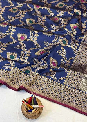 Blue Katan Silk Saree — Kadwa Jaal Meena