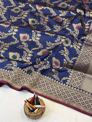 Blue Katan Silk Saree — Kadwa Jaal Meena