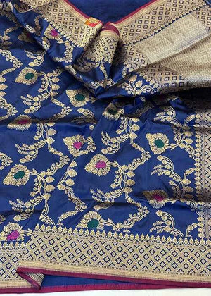Blue Katan Silk Saree — Kadwa Jaal Meena