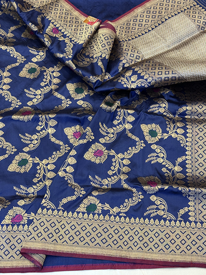 Blue Katan Silk Saree — Kadwa Jaal Meena