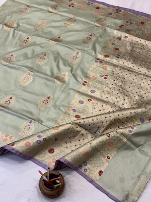 Pista Green Katan Silk Saree — Kadwa Booti
