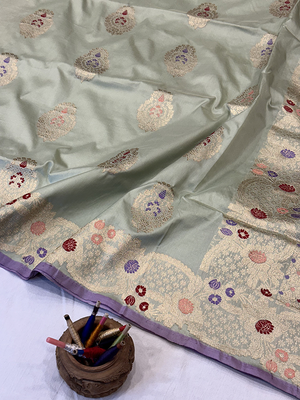 Pista Green Katan Silk Saree — Kadwa Booti