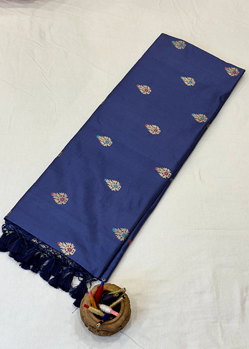 Blue Katan Silk Saree — Kadwa Booti