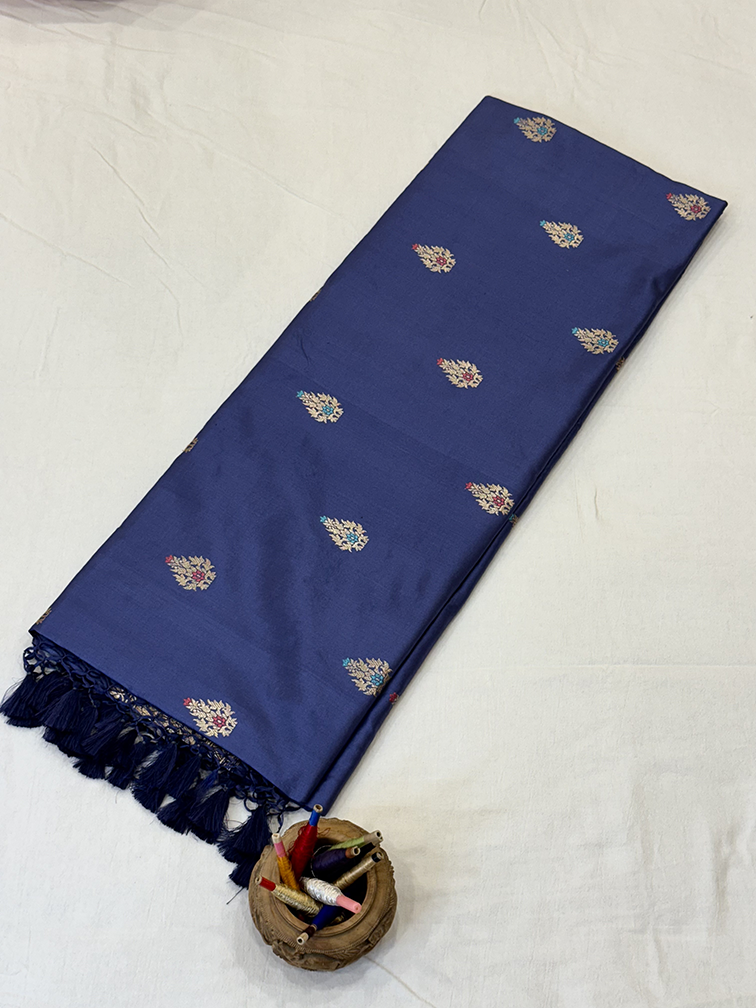 Blue Katan Silk Saree — Kadwa Meena Booti