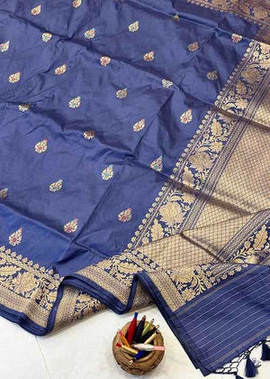 Blue Katan Silk Saree — Kadwa Booti
