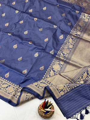 Blue Katan Silk Saree — Kadwa Meena Booti