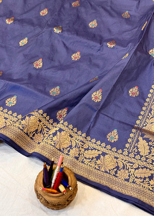 Blue Katan Silk Saree — Kadwa Booti