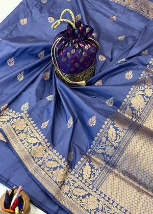 Blue Katan Silk Saree — Kadwa Booti