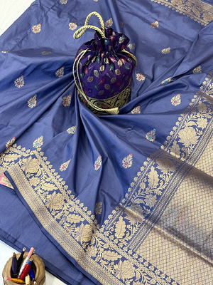 Blue Katan Silk Saree — Kadwa Meena Booti