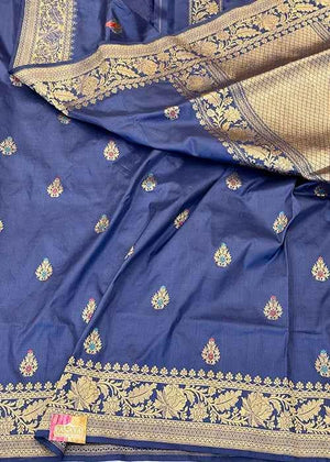 Blue Katan Silk Saree — Kadwa Booti