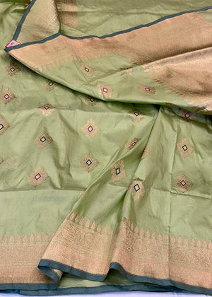Light Green Katan Silk Saree — Kadwa Booti