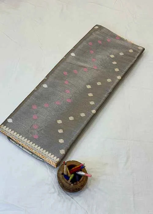 Grey Tissue Silk Saree — Kadwa Booti