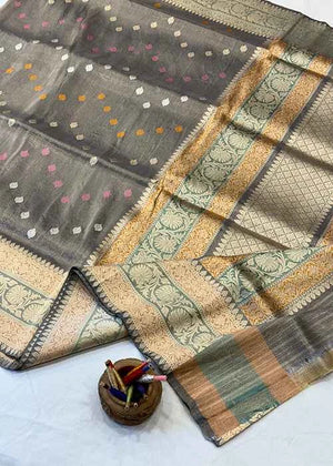Grey Tissue Silk Saree — Kadwa Booti